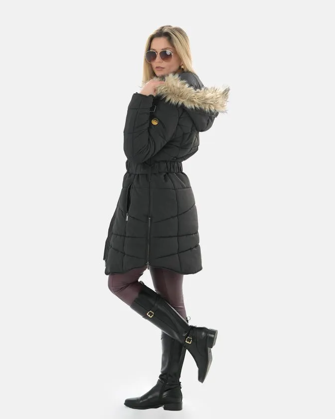 Damen Gepolsterte Langjacke mit Kunstpelzkapuze