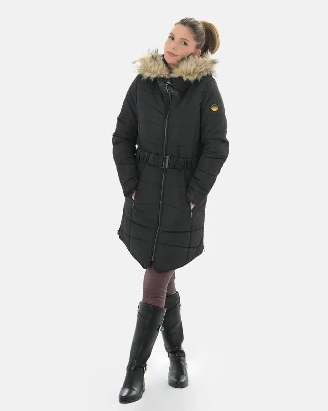 Damen Gepolsterte Langjacke mit Kunstpelzkapuze
